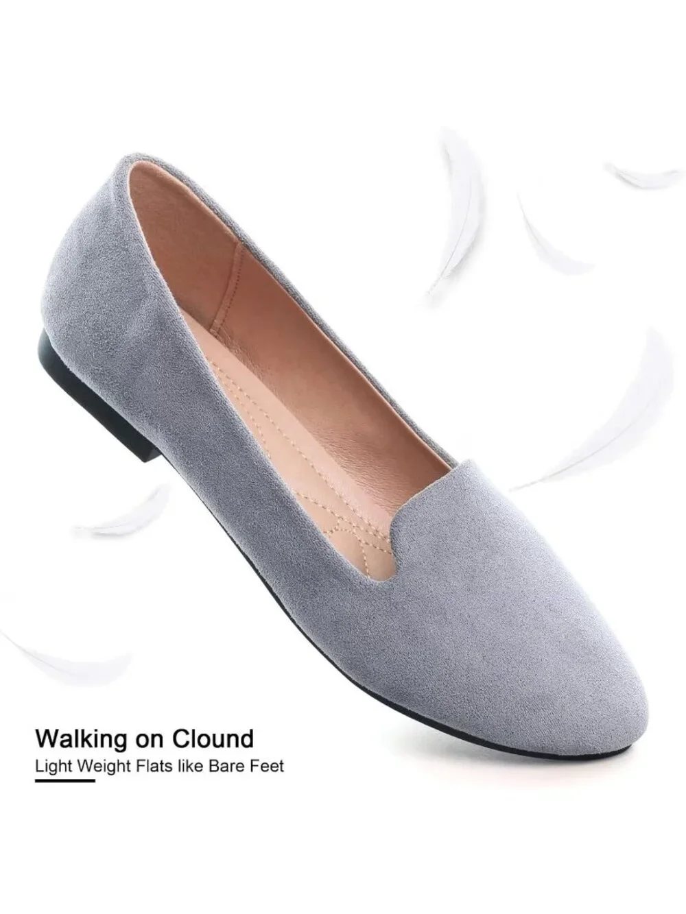 Women's Grey Round Toe Comfortable Low Heel Slip On Loafer Ballet Flat Shoes